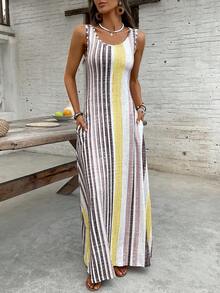 EMERY ROSE Women's Casual Striped Round Neck Sleeveless Dress, Suitable For Vacation,Features Practical Pocket Design,Fashionable For Summer - Pale Yellow - View 5
