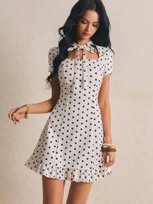 Poéselle Women's Tie Collar Polka Dot Casual Party Mini Dress - Apricot - View 5