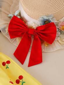 SHEIN Elladie kids 女童甜美櫻桃印花荷葉袖 A 字版型 U 背對比蝴蝶結洋裝，適合度假與戶外，夏季穿著 - 彩色 - 查看 3