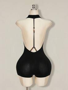 SHEIN ICON Y2K Sommer Damen Club Schwarzer Sexy Ausgehparty Abschlussball einfarbiger tiefer drapierter Ausschnitt Neckholder Romper - Schwarz - Übersicht 11