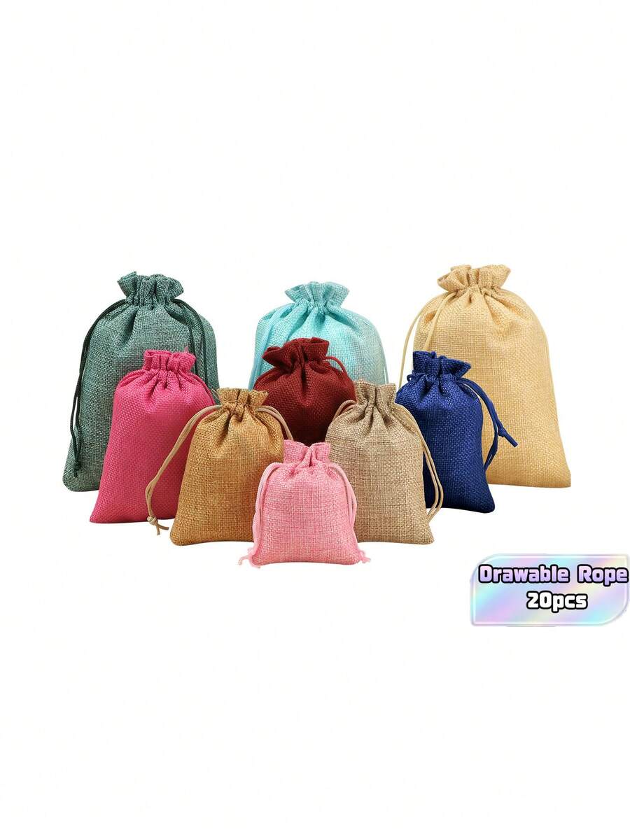 20 Stücke, 4 Größen, Jute Sackleinen Geschenktüten, wiederverwendbare Aufbewahrungstaschen Schmucktaschen Kosmetiktaschen mit Kordeln für Schmuck, Kosmetik, Basteln, Partys, Hochzeiten, Weihnachten, Leinen Verpackungsbeutel, Weihnachten Valentinstag - Verschiedenfarbig - Übersicht 1