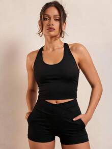 Silquee Women's Black Modest Sports Bra Racerback Cross Back Straps High Support Gym Workout Running Yoga Seamless Buttery Soft Fabric Activewear Summer Crop - Black - View 8