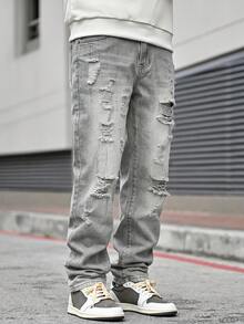 Devon Thys Men's Outdoor Casual Straight Leg Distressed Blue Jeans, Autumn/Winter - Grey - View 5