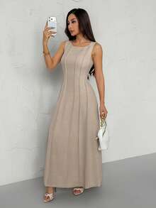SHEIN PETITE Đầm dài bằng vải lanh mới cho nữ, đầm chữ A xẻ tà xếp ly, đầm dài thanh lịch, đầm hè cho nữ mặc đi nghỉ mát, đầm dài suông giả vải lanh, trang phục công sở thường ngày cho nữ, quần áo mùa thu dự tiệc hè cho nữ - Màu be - Xem 7