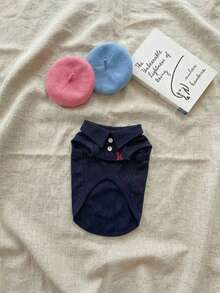 PETSIN 1件 春夏寵物素色刺繡短袖POLO衫背心上衣 - 藏蓝色 - 查看 5