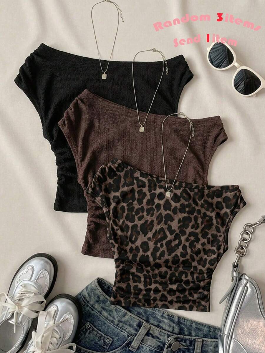 Random 3items,Send 1item Teen Girls' White Casual Minimalist Asymmetric Ruched Cropped Top, Suitable For Spring/Summer, Stylish Everyday Wear - Multicolor - View 1