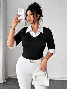 SHEIN Clasi 大码女式拼接撞色休闲百搭日常上衣 - 黑與白 - 查看 3