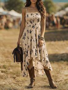 Balvessa Women's Jacquard Printed Irregular Hemline Elegant Style Halter Dress - Apricot - View 4