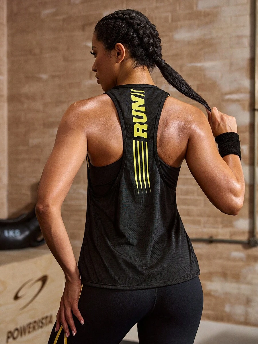 Powerista Letter & Striped Print Racerback Summer Sports Tank Top - Black - View 1