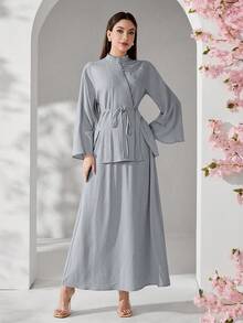 Al Najma 女士纯色纽扣设计长袖衬衫和中长裙优雅两件套 - 藍色 - 查看 4