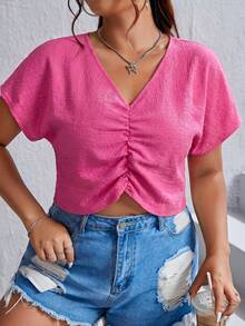SHEIN EZwear 紫红色加大码纯色V领短袖露脐宽松上衣，夏季 - 玫紅色 - 查看 1