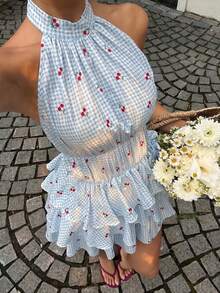 Sunnyshic Women's Spring/Summer Cherry Plaid Dress, Waist-Cinching Flattering Silhouette, Cute Vacation Dress, Cherry Plaid Maiden Dress Vacation Blue Gingham - Blue - View 6