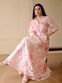 ZEYLAH Vestido largo con cintura ceñida y cuello, elegante para primavera/verano - Rosa - Ver 5