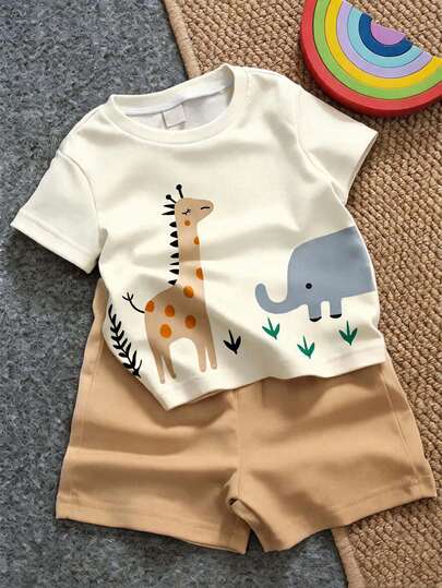 Bộ áo thun tối giản thường ngày cho bé trai, thích hợp cho mùa hè, họa tiết hươu cao cổ và voi hoạt hình dễ thương cổ điển, họa tiết động vật nhỏ xinh.