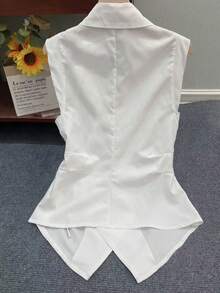 Franclia White Waist-Cinched Sleeveless Wrap Elegant Collared Shirt For Summer - White - View 2