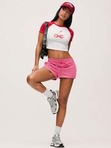 SHEIN BASICS 舒適低腰開衩運動短褲，休閒運動風寬鬆居家短褲，春夏健身運動穿搭，粉色 - 玫紅色 - 查看 5