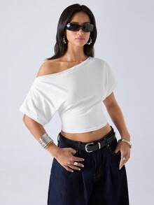 LYSMO Camiseta casual de mujer de manga corta tipo murciélago y corta de unicolor - Blanco - Ver 4