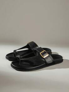 Solecia Spring And Summer New Single Buckle Toe Design Open Toe Flat Bottom Simple High-End Black Slippers Outer Wear Home Daily Street - Black - View 2
