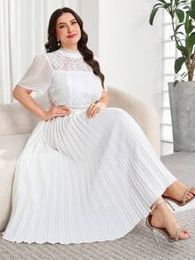 Reflora Plus Size Women's Spring/Summer Elegant Romantic Short Sleeve Mid-Length Dress With Pleated Hem, Lace Fabric, Suitable For Outings And Parties White - Green - View 6