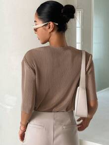 DAZY Plain Pleated Casual Short Sleeve T-Shirt School - Brown - View 2