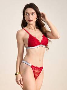 Hourtrue 2 件套女士蕾丝性感迷人浪漫银色丝带内衣套装 - 酒紅色 - 查看 5