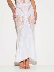 KIZN Vestido largo elegante de encaje con cuello halter y escote profundo, sin mangas, transparente, de longitud hasta el suelo, ajustado, para fiesta formal, boda o evento - Blanco - Ver 5