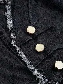SHEIN MOD 大尺碼女款 2 合 1 毛邊下擺鈕扣設計短袖牛仔上衣 - 黑色 - 查看 3
