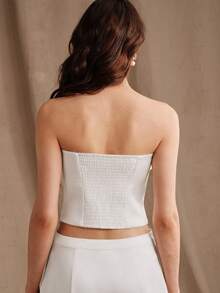 Anewsta Women's Waist Cinching Fitted Floral Decor Tube Top, Summer Graduation Guest White Elegant - White - View 8
