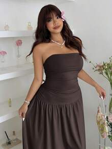 GalTyme Plus Size Solid Color Pleated Casual Everyday Dress - Chocolate Brown - View 7
