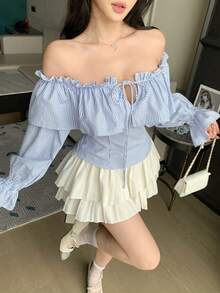 DAZY 女款法式荷葉邊露肩上衣，甜美優雅藍白條紋喇叭袖休閒上衣，適合度假，可愛風 - 藍色 - 查看 7