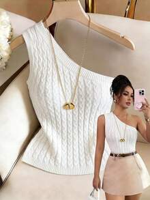 SHEIN Franclia 女士不规则肩部白色弹力紧身针织套头开衫，时尚休闲，性感优雅，夏季白色服装，日常穿着，适合婚礼、晚宴、通勤、毕业派对、节日活动、度假、约会、派对、万圣节、圣诞节、新年、感恩节等场合，是夏季女士服装、夏季上衣和女士露脐上衣的理想之选。 - 白色 - 查看 5