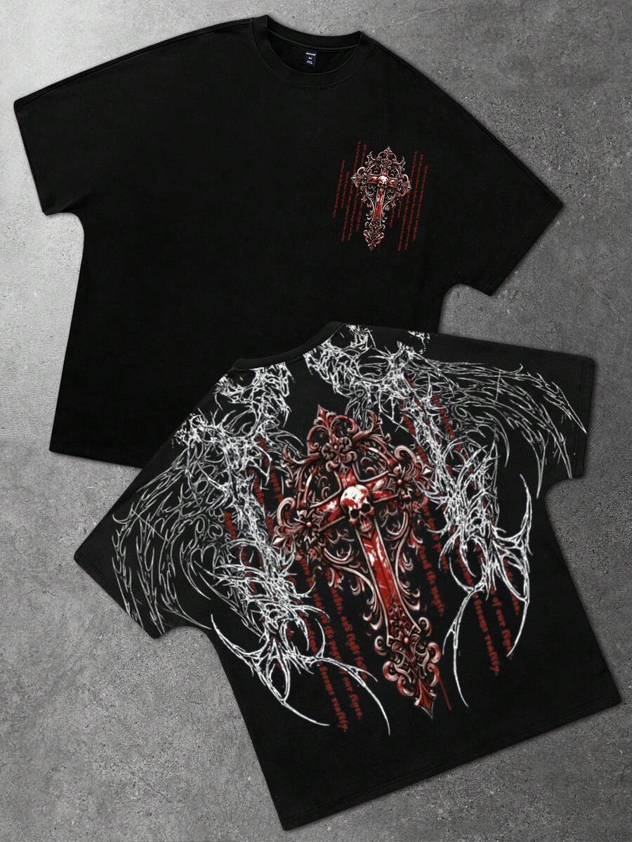 ROMWE MEN Goth Camiseta de manga corta con estampado de manga de murciélago para hombre, adecuada para primavera y verano - Negro - Ver 1