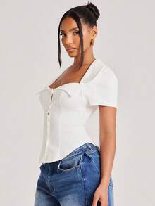 NYA SZN Top Short Sleeve Button Up Front Collared Vintage Retro Look Brunch Casual Everyday Bridal Shower Outfits For Women - White - View 6