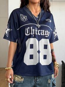 Coolane 女士春夏Y2K街头复古透气网眼印花数字图案足球T恤 - 藏蓝色 - 查看 5