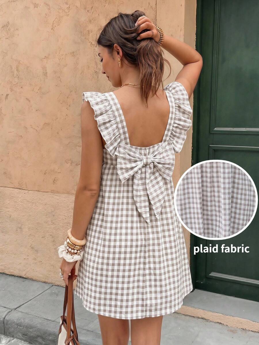 SHEIN Frenchy Đầm ngắn nữ kiểu dáng thường ngày, cổ vuông, viền bèo nhún, họa tiết kẻ caro, thích hợp cho mùa hè. - Nhiều màu - Xem 1