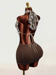 Mistrie 2026 Spring Summer Sexy Casual Date Golf Versatile Ruched Asymmetric Hem Skirt Top 2-Piece Set For Women White - Brown - View 3
