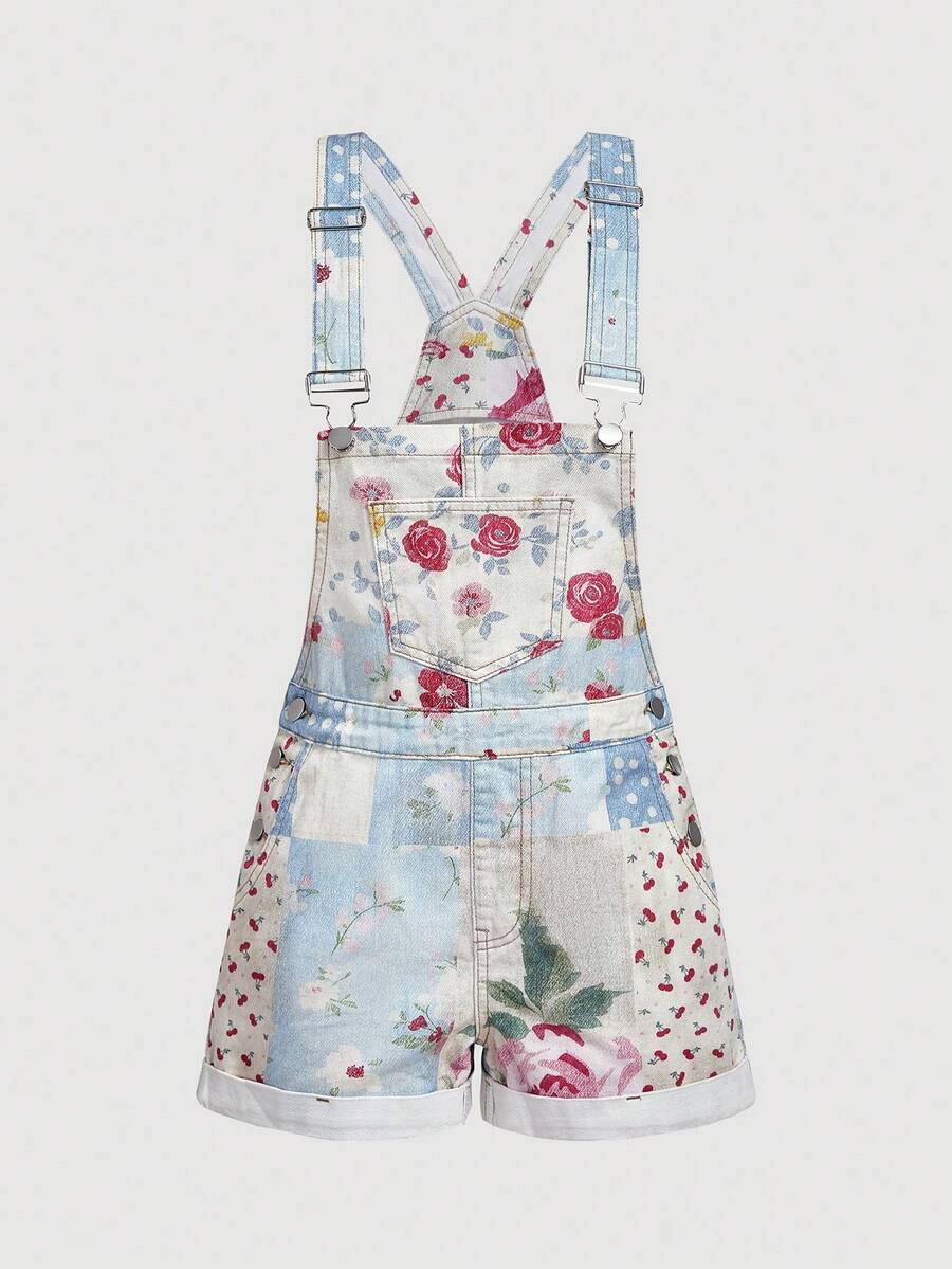 Sweetra Summer Casual Patchwork Print Denim Bib Pants - Multicolor - View 1