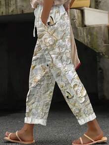 SHEIN Women's Autumn Floral Print Fabric Casual Boho Vacation Style Pants With Pockets And Tie Front Design, Suitable For Beach Garden Street Photography - Apricot - View 3
