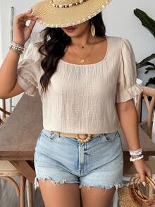 SHEIN VCAY Áo sơ mi tay ngắn cổ vuông, màu trơn, dáng casual, chất liệu 100% cotton, cỡ lớn. - Màu be - Xem 4