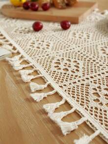 Cirelle 1pc Boho Crochet Round Tablecloth, Vintage Knit Hollow Out Table Cover With Tassels, Rustic Macrame Tablecloth For Dining Room, Kitchen, Cafe Decor - Beige - View 4