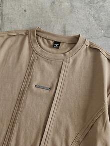 AXEPEAK Kaos Pria Kasual Ukuran Standar Warna Hitam dengan Kerah Bulat Rajut Kontras, Musim Panas - Coklat - View 3
