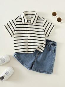 SHEIN Áo khoác cardigan tay ngắn cổ bẻ, họa tiết kẻ sọc, đa năng, phong cách thường ngày cho bé trai. - Nhiều màu - Xem 1