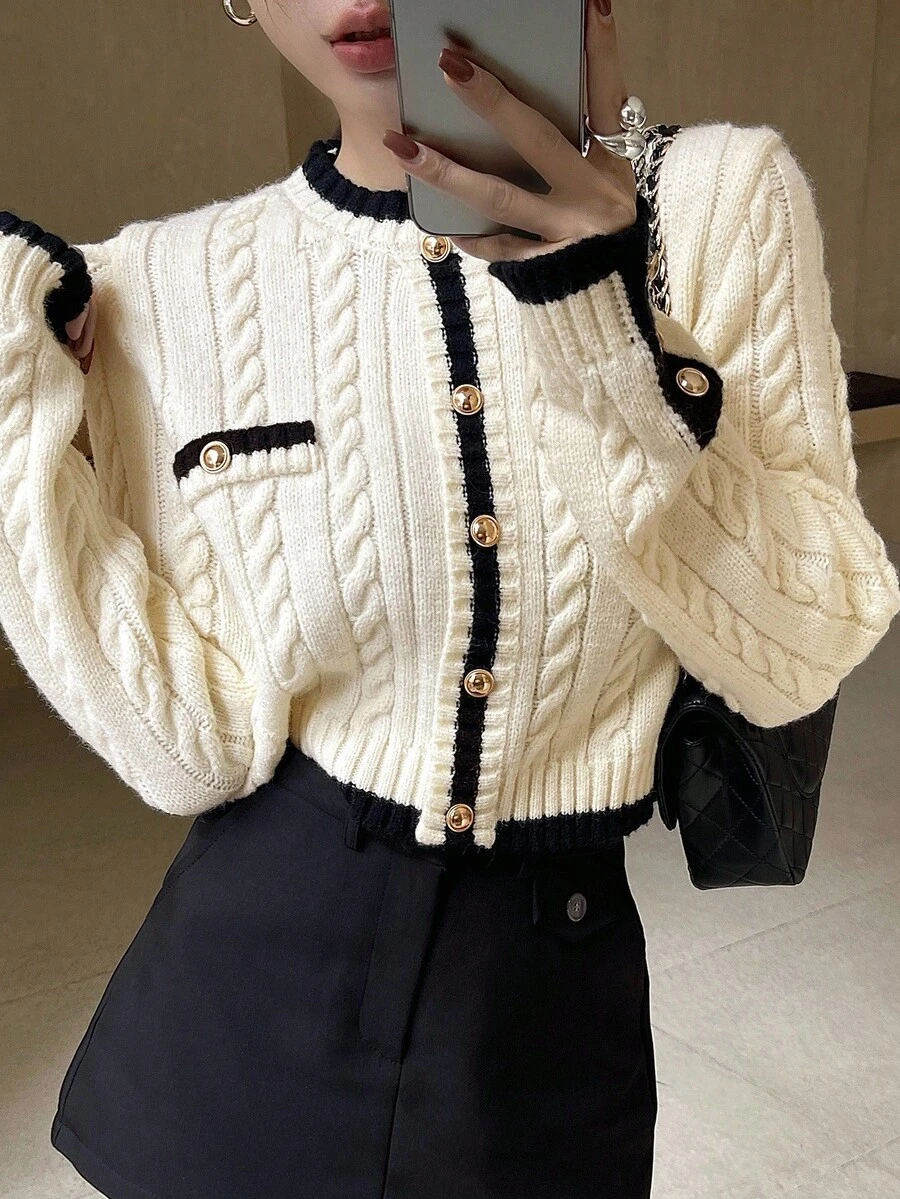 Wynsel Women's Elegant Contrast Trim Button Knit Sweater, Autumn - Beige - View 1