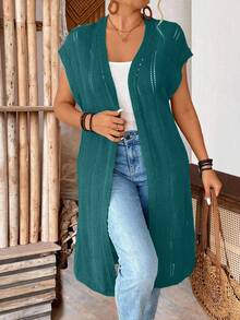 SHEIN LUNE CURVE Plus Size Women's Sleeveless Hollow Out Long Cardigan, Lightweight, Suitable For Vacation, Commute, St. Patrick's Day, Spring/Summer - Teal Blue - View 4