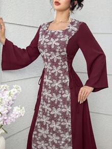 Yasmyna Gaun Musim Semi & Musim Panas Elegan dengan Leher Persegi, Kain Bordir Patchwork, dan Pinggang Ramping untuk Wanita - Burgundy - View 4