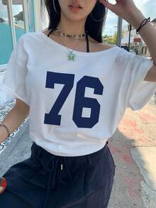 INAWLY 女士数码印花圆领可变肩短袖 T 恤，夏季图案 T 恤女式上衣 - 白色 - 查看 4