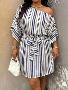 Weeklong Plus Size Women's Casual Vacation & Commute Dress, Colorblock Striped Print Asymmetrical Collar Flare Sleeve With Belt, Spring/Summer - Multicolor - View 5