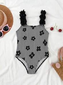SHEIN Young Girl Striped Graphic Print One-Piece Swimsuit - Multicolor - View 1