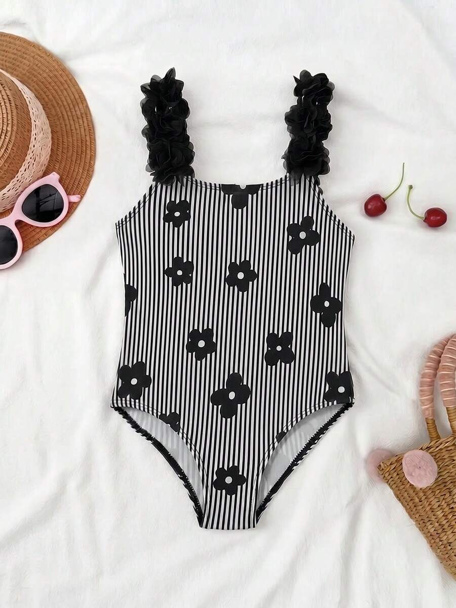 SHEIN Young Girl Striped Graphic Print One-Piece Swimsuit - Multicolor - View 1