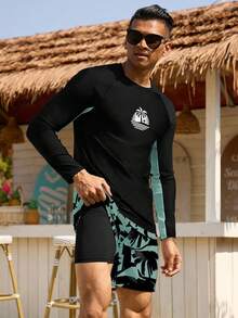 CoralVoy Conjunto de biquíni masculino casual com estampa de coqueiro, composto por camiseta de manga comprida e shorts. Ideal para férias na praia e eventos ao ar livre. - Multicolorido - Ver 3